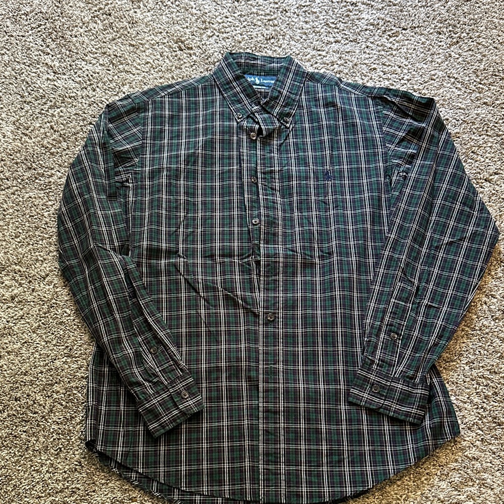 Ralph Lauren Men's Plaid Shirt - Dark Green and Red
